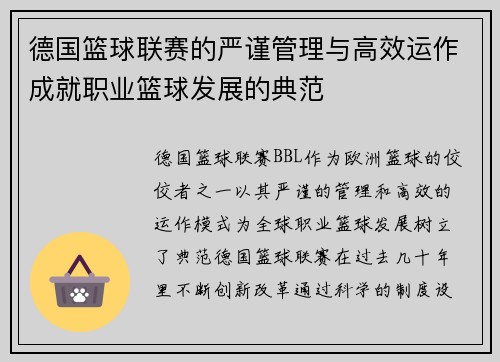 德国篮球联赛的严谨管理与高效运作成就职业篮球发展的典范